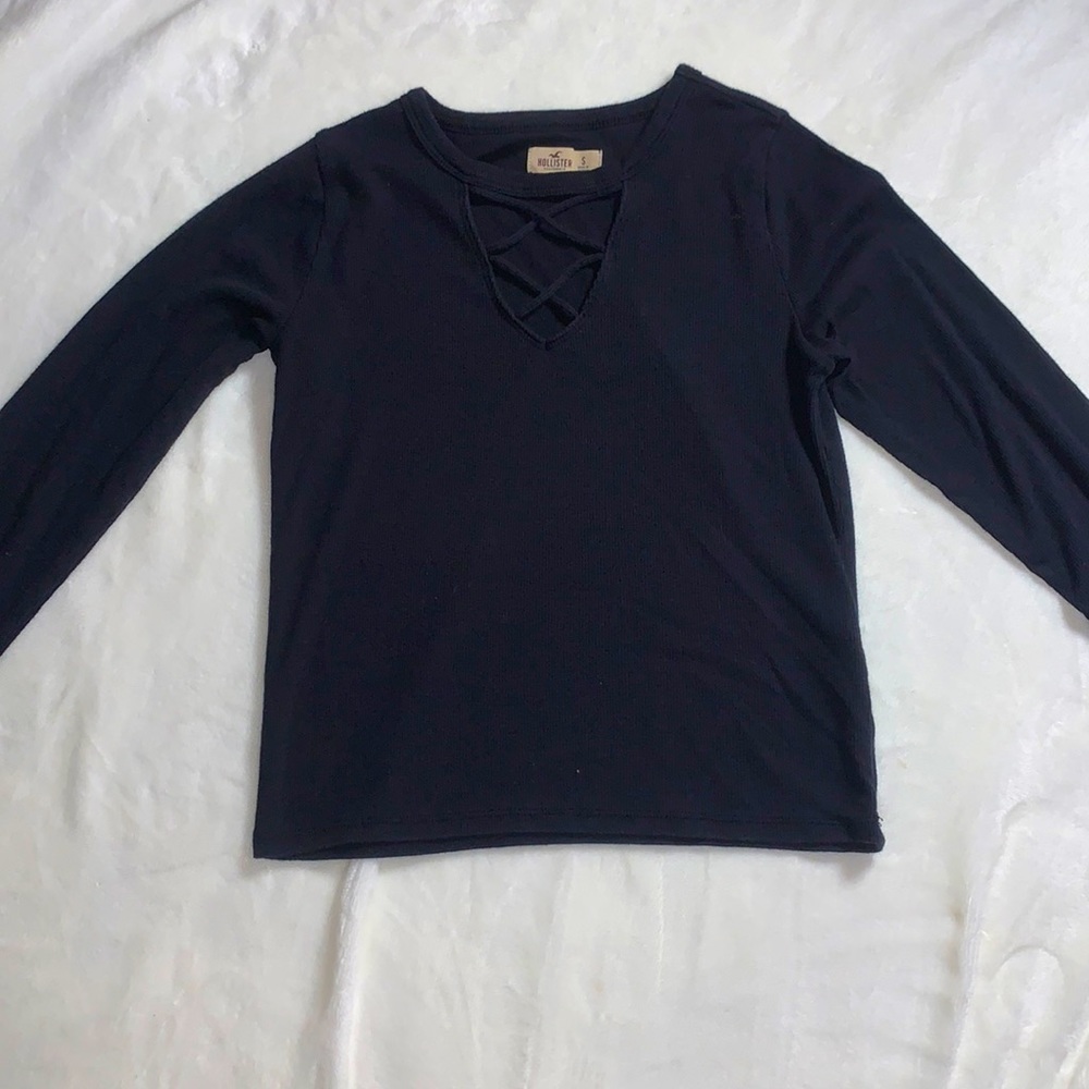Long Sleeve Black Shirt. Hollister. Crisscross Neckline. Small.